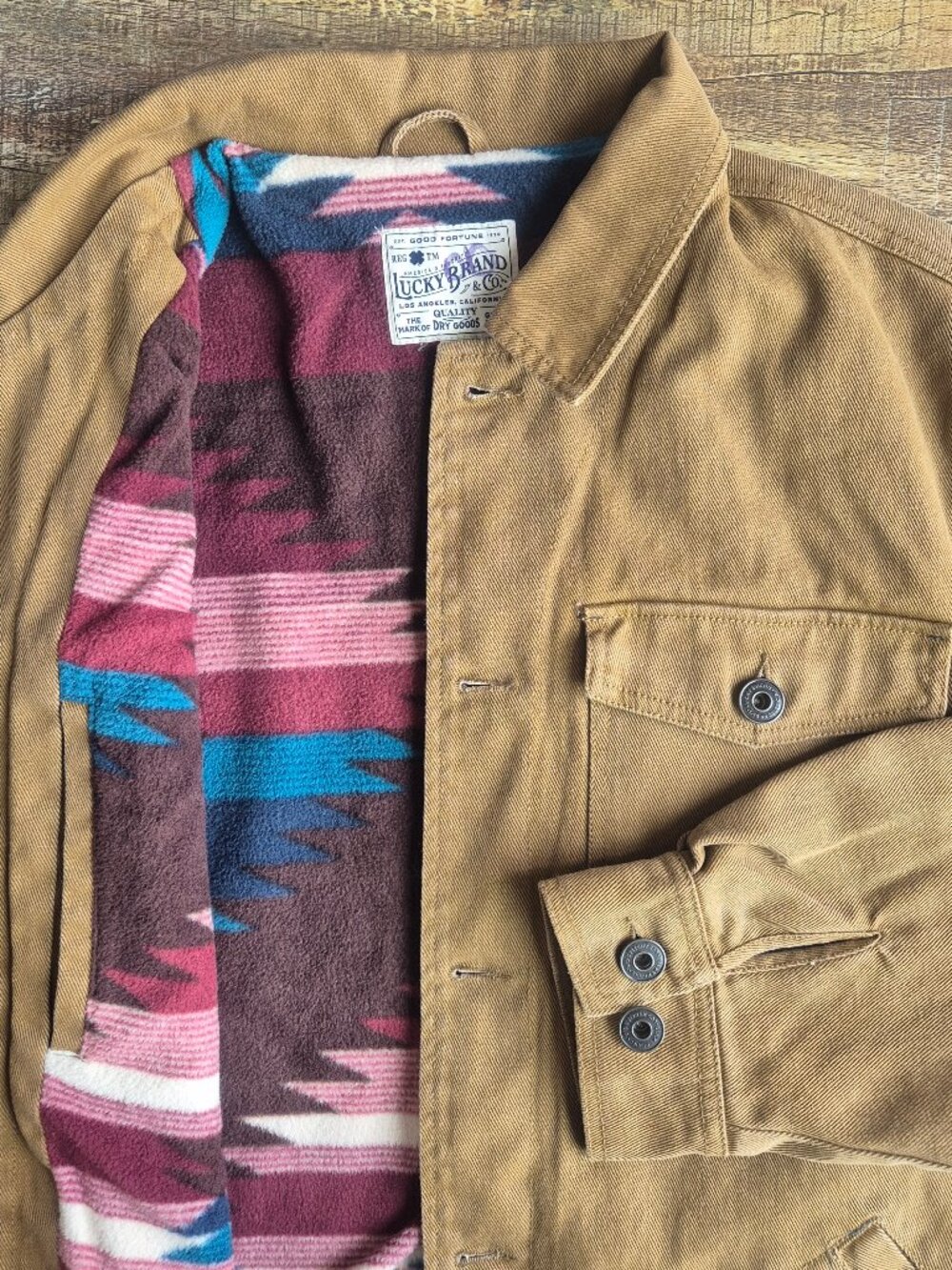 NWoT Lucky Brand Aztec Fleece Lined Trucker Jacket Cotton Twill Brown